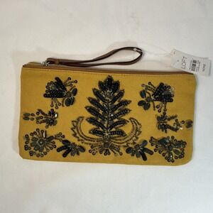 LOFT Mustard Yellow Beaded Sequin Beads Canvas Wristlet Clutch Bag New With Tags